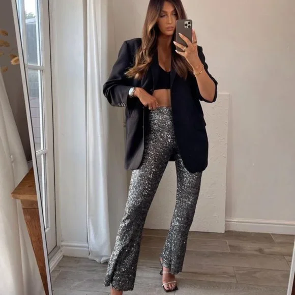BLOGGER'S FAVE! Zara Flared Sequin Leggings Dark Silver NWT