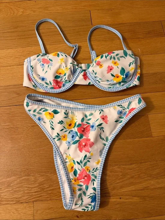 wild fable White Floral Bikini Top with Blue Gingham Trim