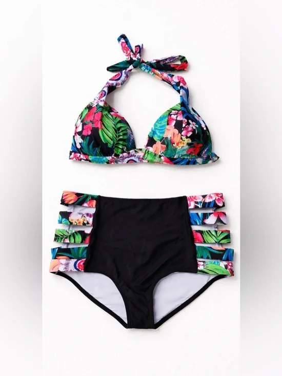 Sporlike Tropical Bikini Set High Waisted Strappy Bottom Size Large