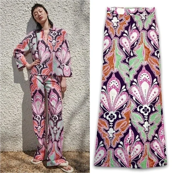 NWT ZARA Linen-Cotton Art Deco Paisley Wide Leg High Rise Boho Palazzo Pants‎ XS