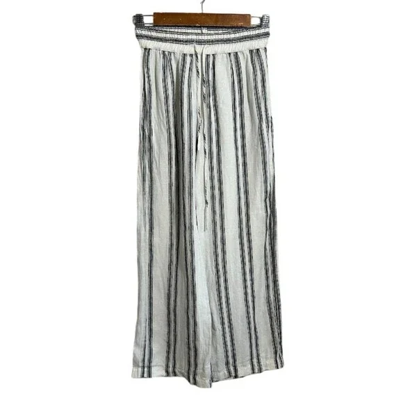 Reformation Crop Wide Leg Linen Pant XS Black White Striped Drawstring High Rise