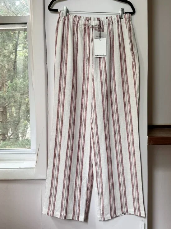 NWT Reformation Olina Linen Pants White Stripe Medium