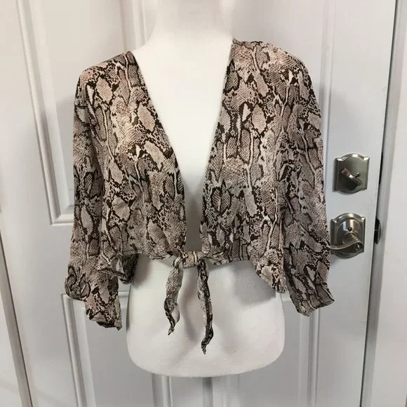 NWT Shade & Shore Tie-Front Cover Up Shirt Tan Snake Skin Print Size XL
