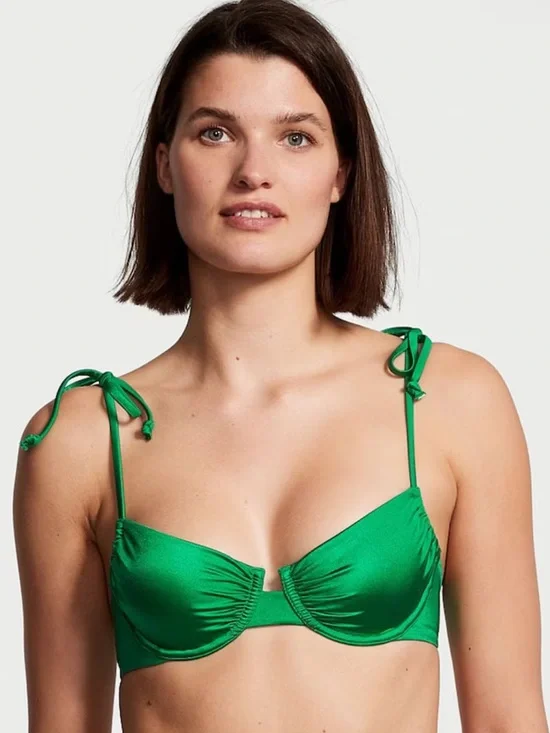 Victoria's Secret Tie-Shoulder Underwire Bikini Top, Emerald Metallic, Sz 38DDD