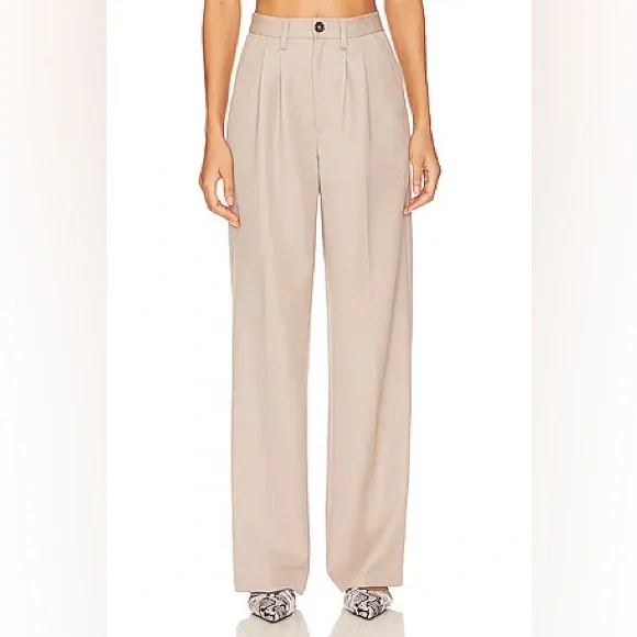 New Anine Bing Carrie Pant Pleated Wide Leg in Taupe Tan Size 40