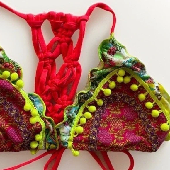 Neon Pineapple Print Macrame Bikini Top‎ Small Neon Pom Pom Boho Festival Summer