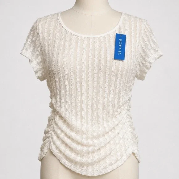 Popvil White Lace Ruched Swim Cover Up Top Short Sleeve Sheer Floral Small New