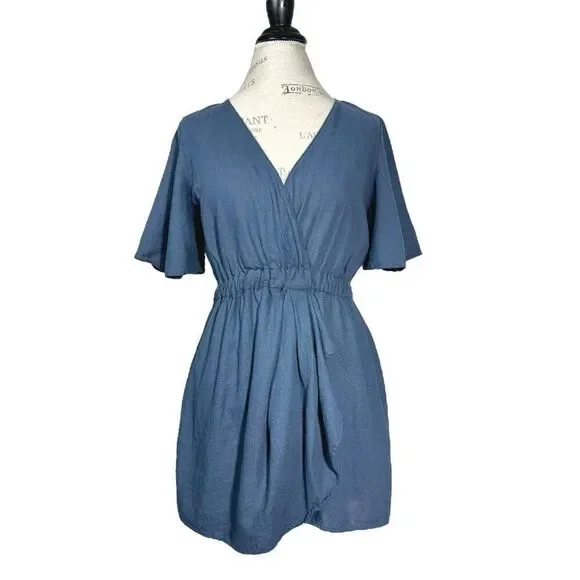 Zara Linen Blend Blue Ruffle Romper Size Large