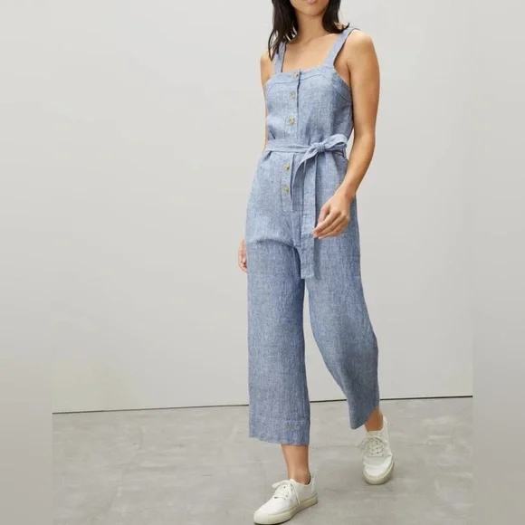EVERLANE Blue White Striped Sleeveless 100% Linen Jumpsuit Women’s Size 4