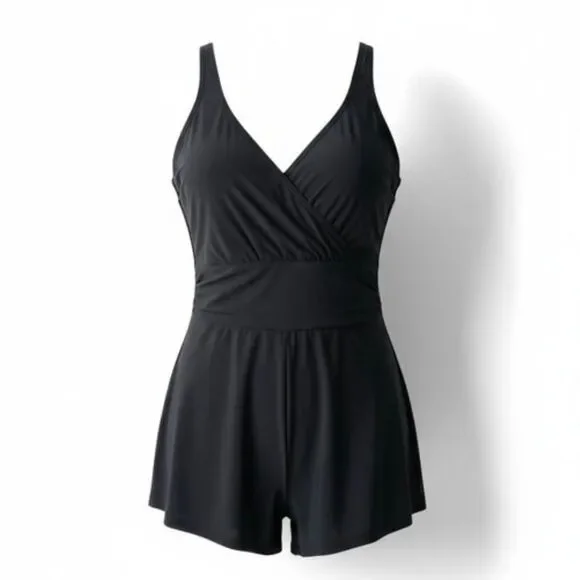 Vanishing Act Black Women's V-Neck One-Piece Swimsuit Belly Control Plus Size 14