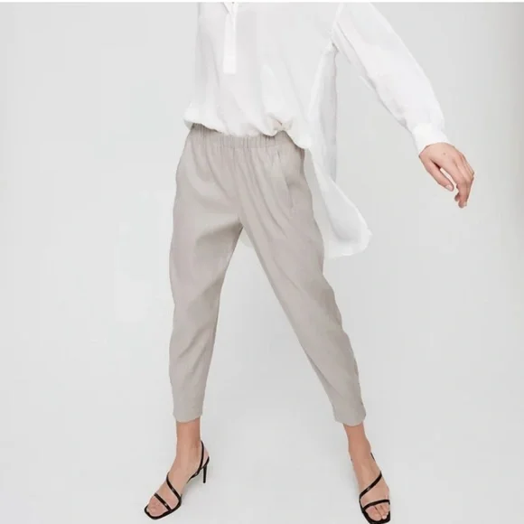 Babaton Aritzia Dexter Pull On Linen Blend Pants Trace Khaki Tan Medium Cropped
