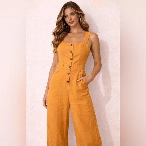 REFORMATION Wide Leg Linen Jumpsuit in Mustard Yellow - Size 8