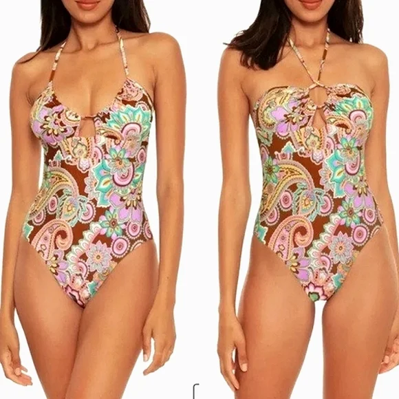 BECCA CANDACE GROOVY FLORAL PAISLEY‎ ONE PIECE SWIMSUIT L