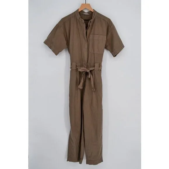 Everlane Fatigue Short Sleeve Jumpsuit Womens 2 Green Organic Cotton Linen Crop