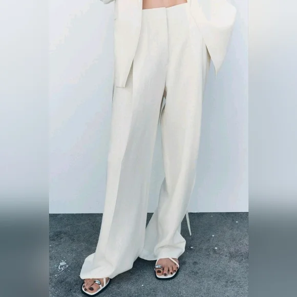 ZARA Ivory Linen Blend Wide Leg Pants Size S NWT High Waist Flowy Pockets Chic