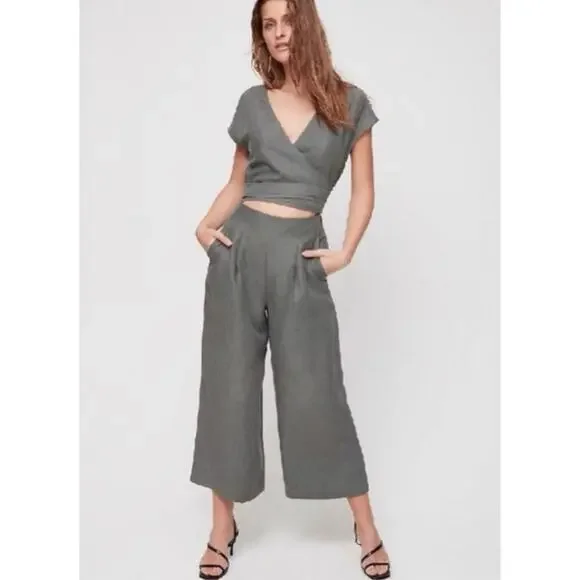 Aritzia Wilfred Revolve Brax Linen Blend Jumpsuit Sagesse Grey Green Wrap sz 8