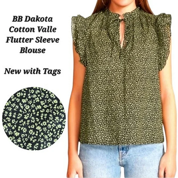 NEW BB Dakota By Steve Madden Cotton Valle Flutter Sleeve Blouse Black Yellow XS