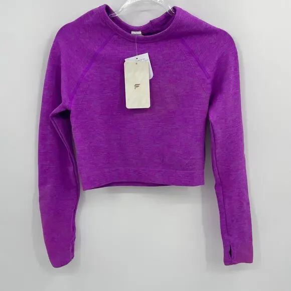 New FABLETICS Bri Long Sleeve Cropped Shirt Womens Size L Purple Ribbed Top FLAW