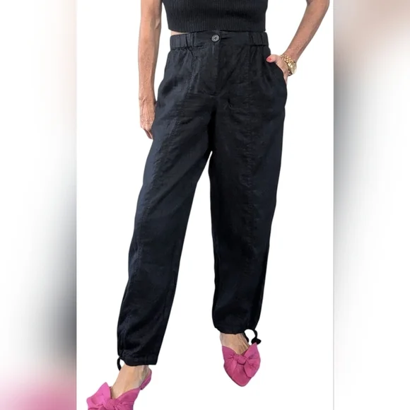 Zara Black 100% Linen Pants XS High Rise Tapered Tie Ankle Minimalist Style