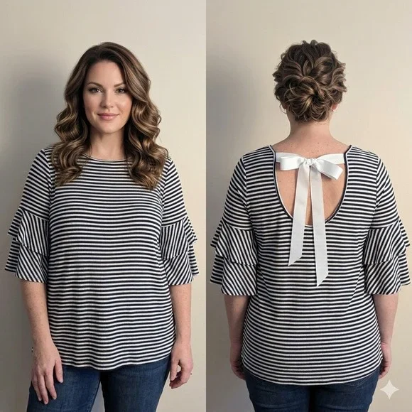 Blu‎ Pepper Ruffle Sleeve Top Womens Large Navy White Striped Bow Back Ribbed