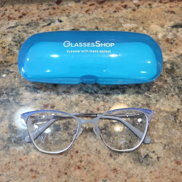 Glasses Shop Gray Silver Glasses Frames Lenses Blue Glitter Sparkles Minimalist