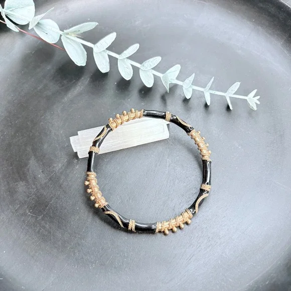 Vintage Enamel Bangle | Black Gold Bracelet | Minimalist Stackable