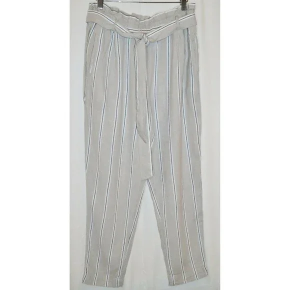 H&M Striped Linen Blend Paperbag Pants Striped Grayish Beige Size 6