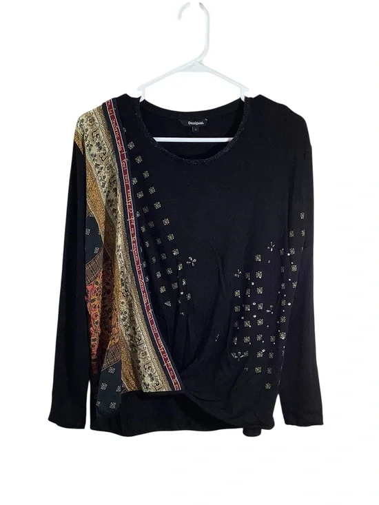 Desigual Black Long-Sleeve Mixed-Print Top with Gold Accents