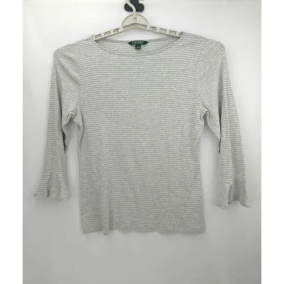Women's Lauren by Ralph Lauren Blouse‎ Shirt Gray Stripe 3/4 Bell Sleeves XL