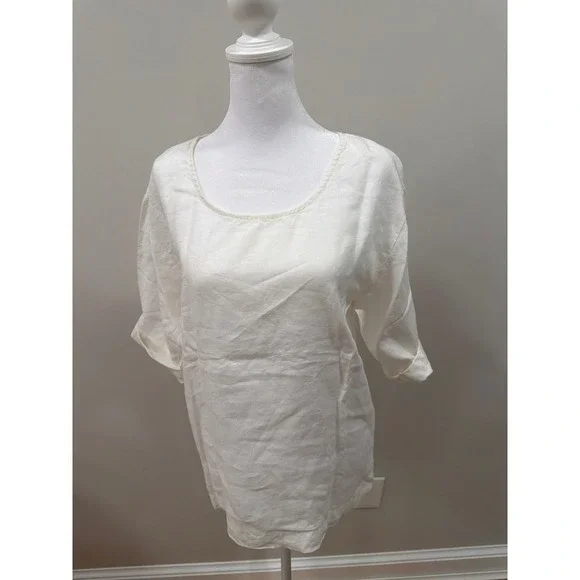 Tommy Bahama Womens White 100% Linen Scoop Neck Elbow Sleeve Tunic Top XS