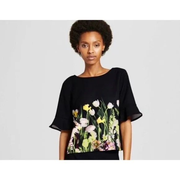 Victoria Beckham Target Floral Crop Blouse Black Garden Print Top S Statement