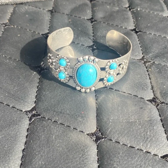 Turquoise Stone Silver-Tone Cuff Bracelet - Women Jewelry