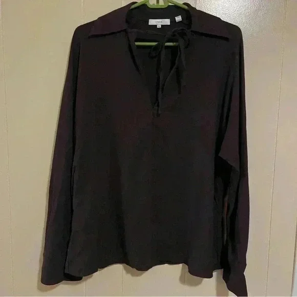 Vince. Chocolate brown XS tie blouse long sleeves with mother of pearl buttons