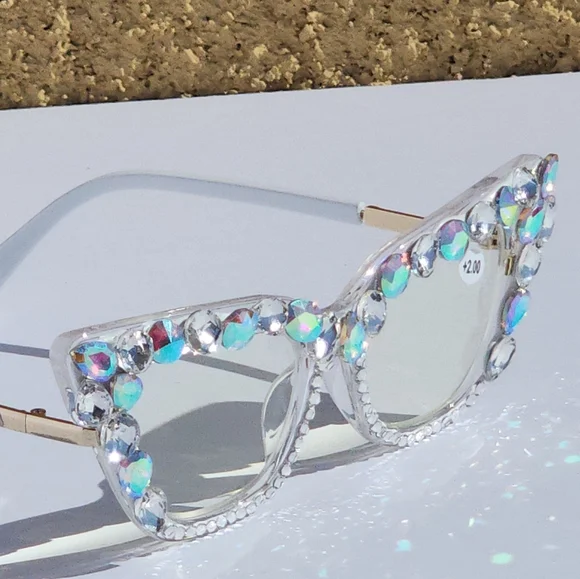 Women's Bling Cat Eye Readers Colorful Rhinestones AB Reading Glasses White+2.00