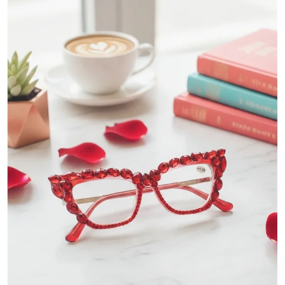 Women's Bling Cat Eye Readers Red Rhinestones AB Reading Glasses Black +1.50