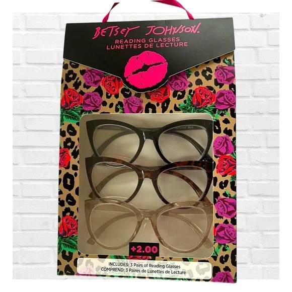 Betsey Johnson 3 Set Reading Cat Eye Glasses 2.00 Black Tortoise Shell Clear Set