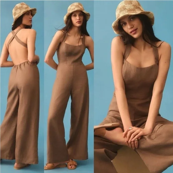 Reformation Autumn Linen Jumpsuit Taupe Tan Wide Leg Open Back‎ 0
