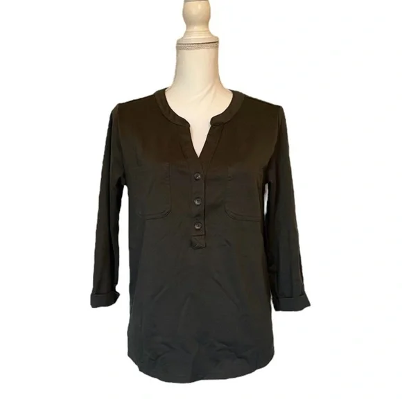 Old Navy Army Green 3/4 Sleeve Buttoned Mandarin Collar Women’s Blouse Small