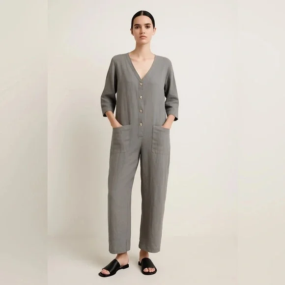 Zara gray Lillian linen Button Front Jumpsuit medium