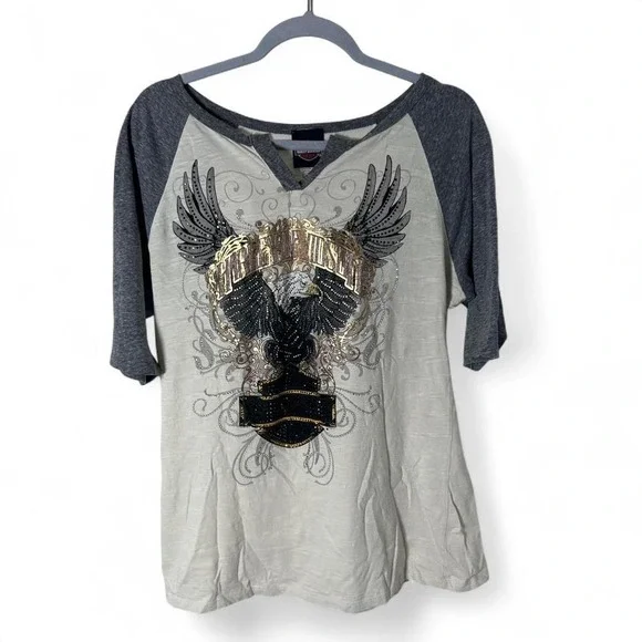 Harley Davidson grey & cream baseball tee with rhinestone eagle design #biker