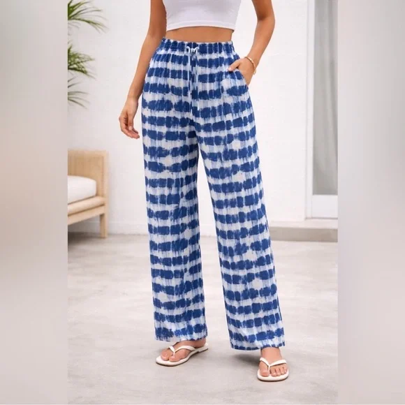 Banana Republic 100% LINEN WIDE LEG ANKLE PANT NWT Blue Shibori size L Coastal