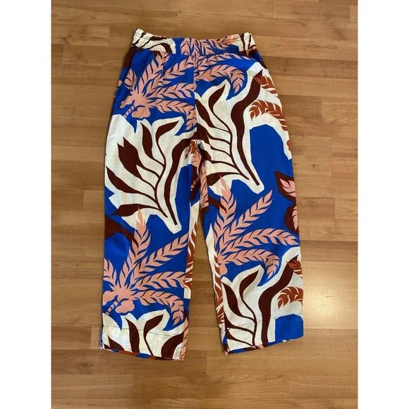 H&M Leaf Print Pants Size M Linen Viscose Blend Elastic Waist Beachy‎ Coastal