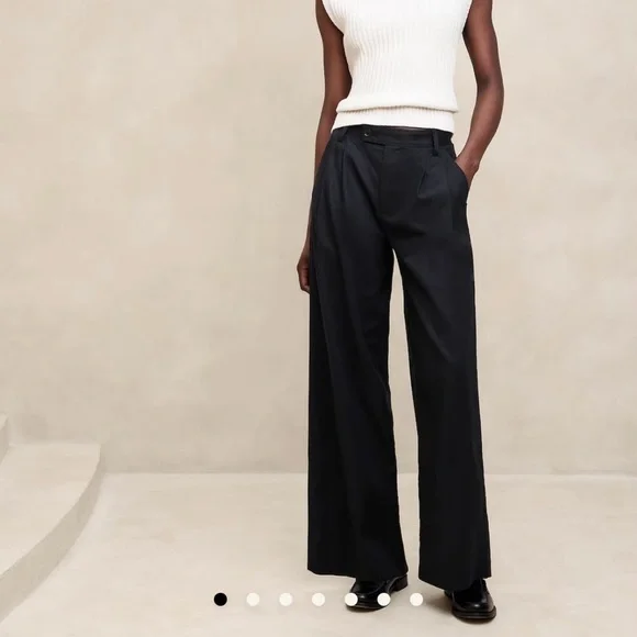 Banana Republic Pleated Wide Leg Linen Cotton Blend Trouser Pant Black 14 Petite