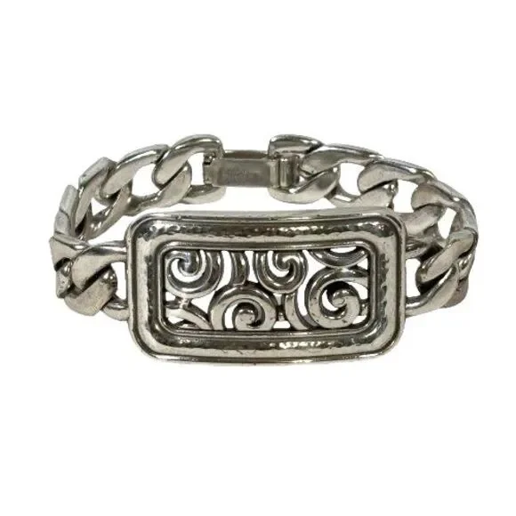 Brighton Chunky Rectangle Filagree Swirls Scrolls Silver Link Bracelet 7.25