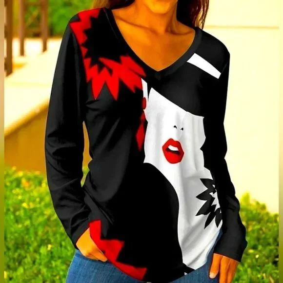 NEW LILY V-Neck Tunic Woman Size 2X Black & White & Red Lip Graphics Relaxed Fit