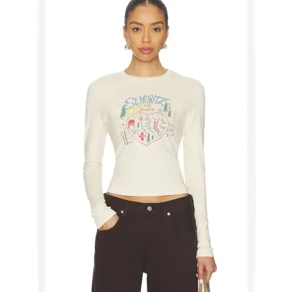 St. Moritz Is For Lovers Vintage Long SleeveTee in Dirty White DAYDREAMER XS