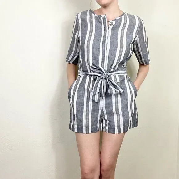 NWT Banana Republic Grey & White Linen Blend Belted Waist Short Romper Playsuit