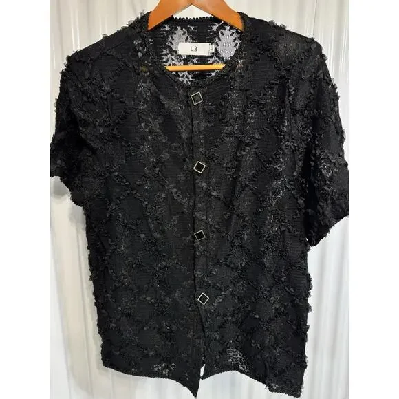 L3 Vintage Women’s Black Lace Top With Appliqué Ruffles And Gold Buttons Size L