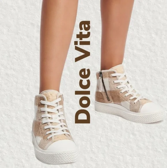 Dolce Vita Veola Plaid Cream-Tan Leather Fabric Hi-Top Casual Sneakers Sz 10