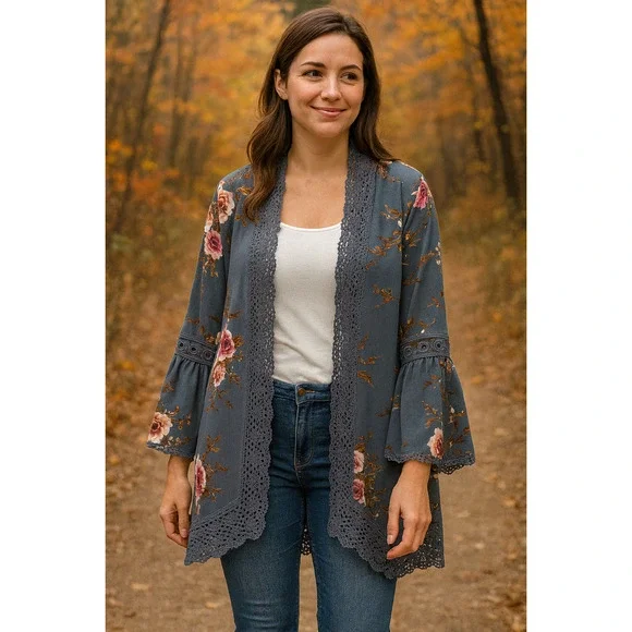 Floral lace trimmed Kimono Style Cardigan. Size L